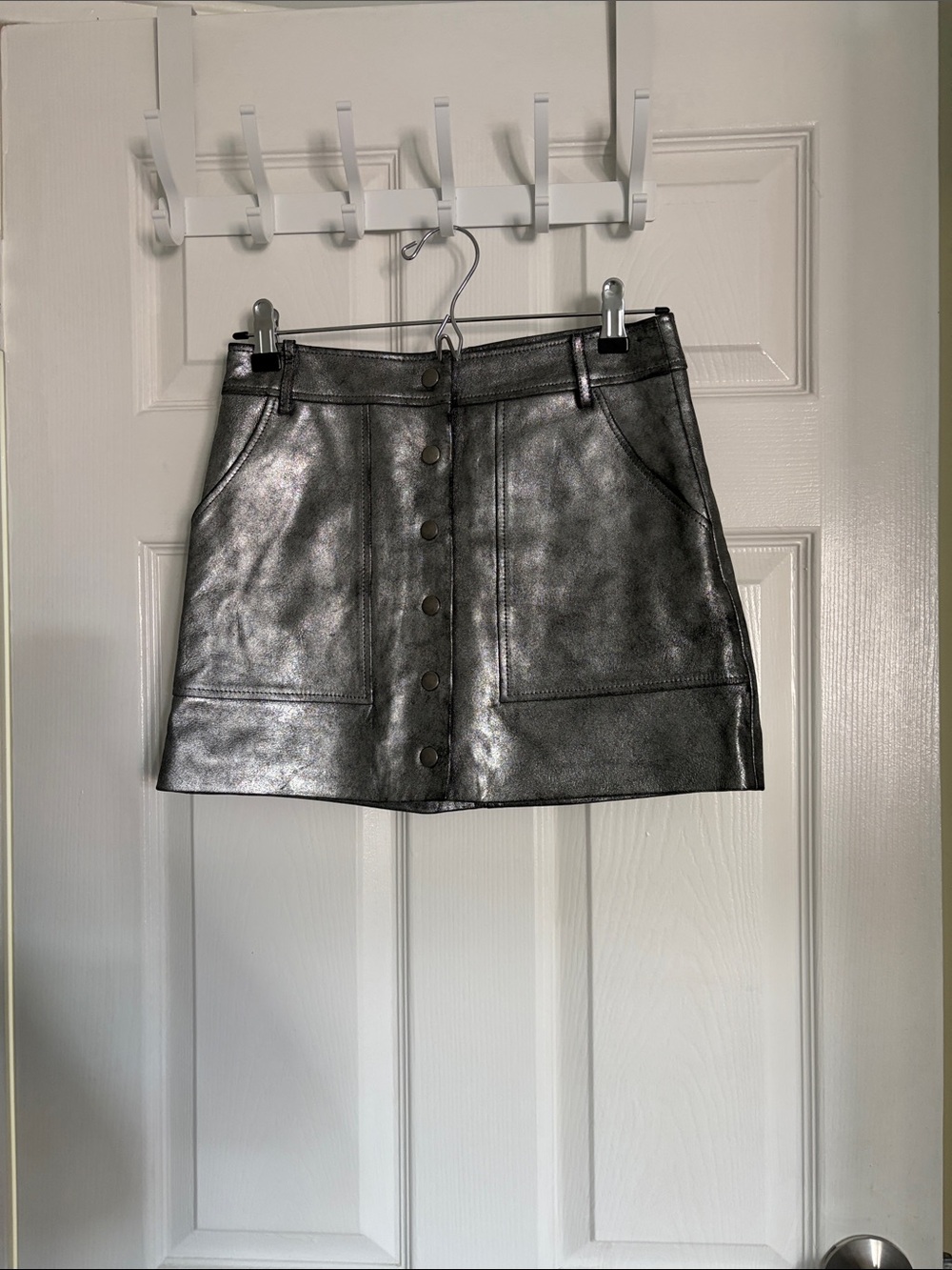 FRAME Metallic Silver Faux Leather Button-Front Mini Skirt